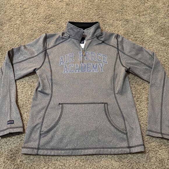 Jansport Airforce Sweatshirt Gray Blue 1/4 Zip‎ Size Large Logo Spellout Women - Picture 1 of 9